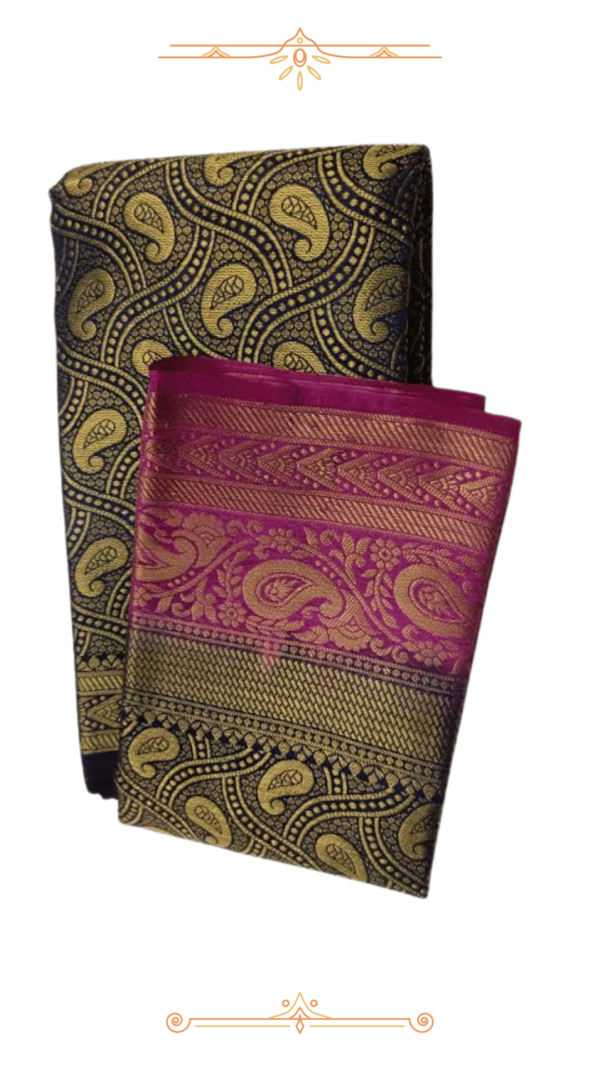 Blue & Gold Banarasi Silk Saree with Pink Border