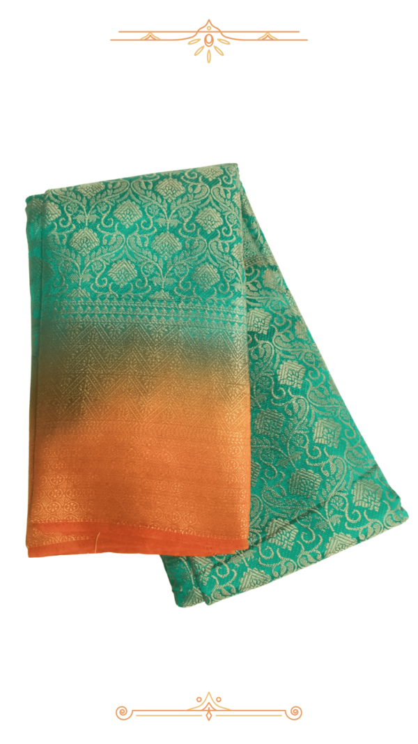"Designer Banarasi Silk Saree – Green, Orange & Gold | Premium Quality"