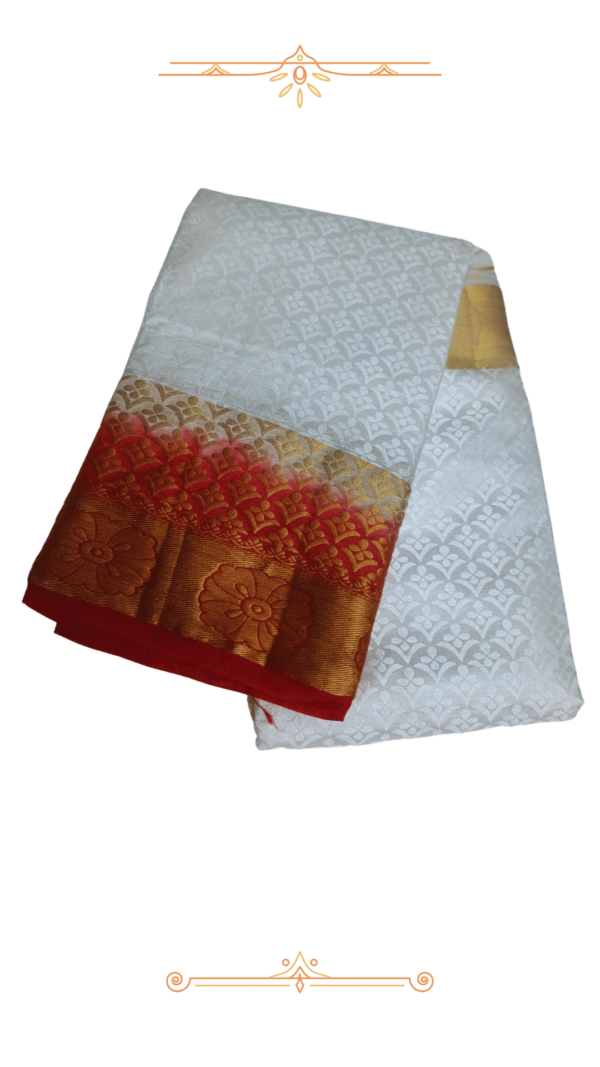 White Banarasi silk saree with red & gold pallu.