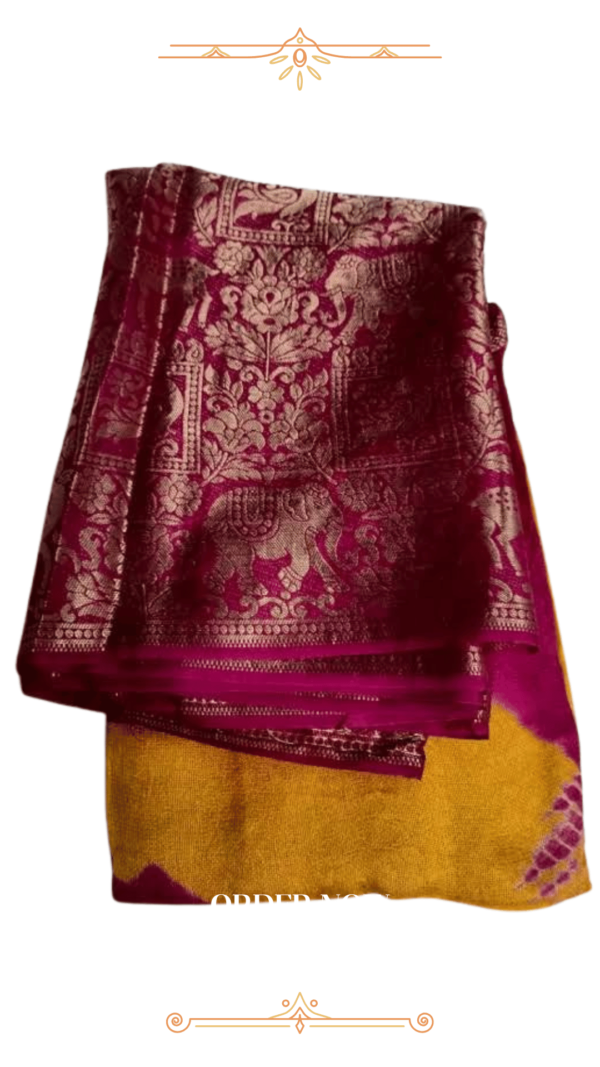Elegant Yellow & Red Banarasi Silk Saree with intricate gold detailing – Front View