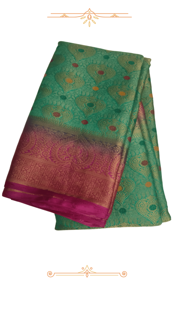 Elegant Green & Pink Banarasi Silk Saree with Golden Zari Work