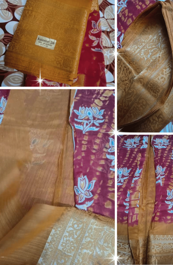Full red silk saree with golden border displayed