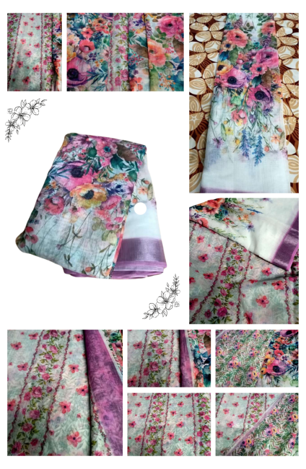 Full image of pink and white floral linen cotton saree displayed on mannequin
