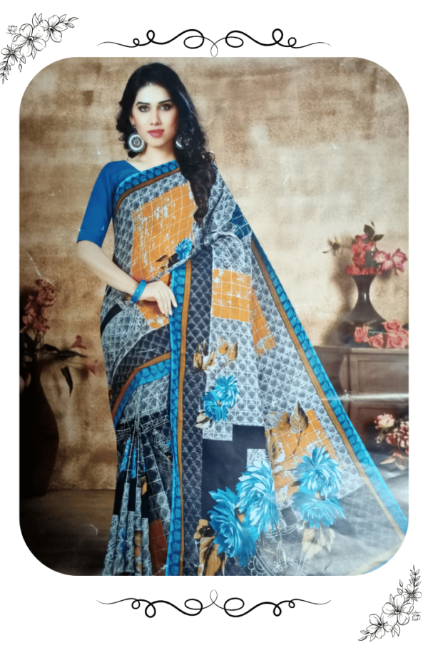 Woman wearing grey saree with red designer border styled for festive occasion