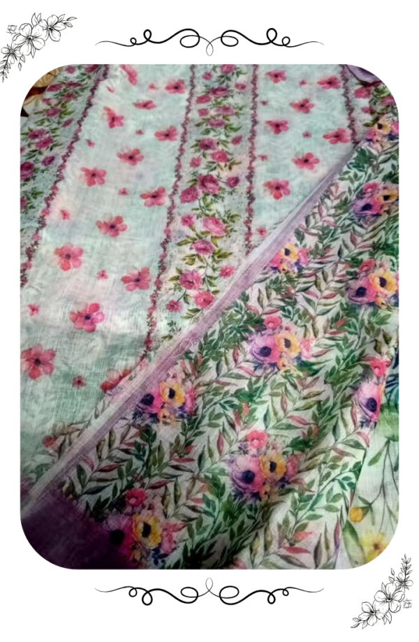 Linen Cotton Saree - Pink and White Floral Saree - Image 3