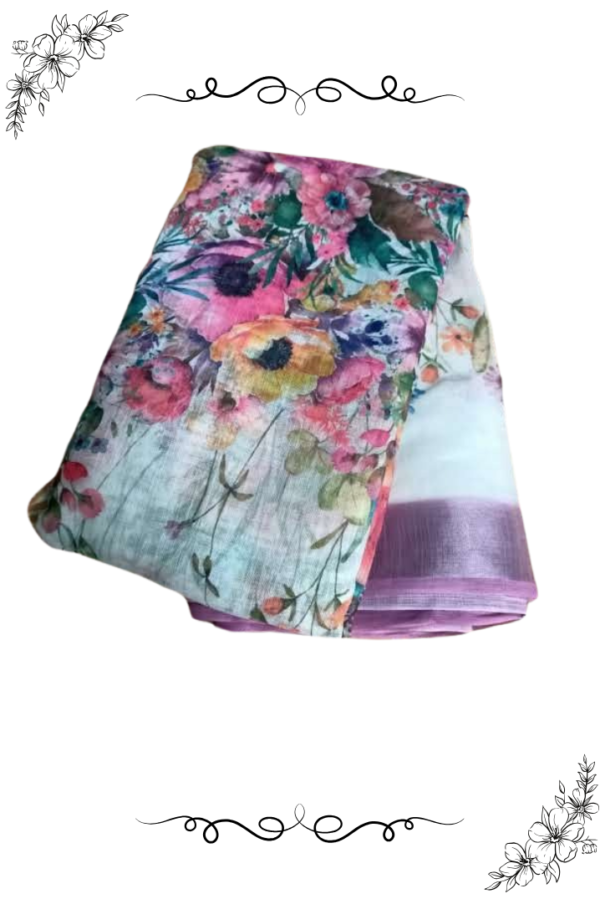 pink and white linen cotton saree with floral design