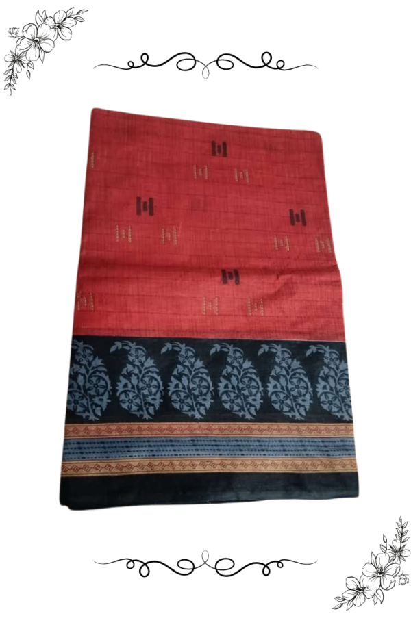 Full view of red saree with black designer border for festive wear