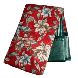Front view of red floral saree with green designer border