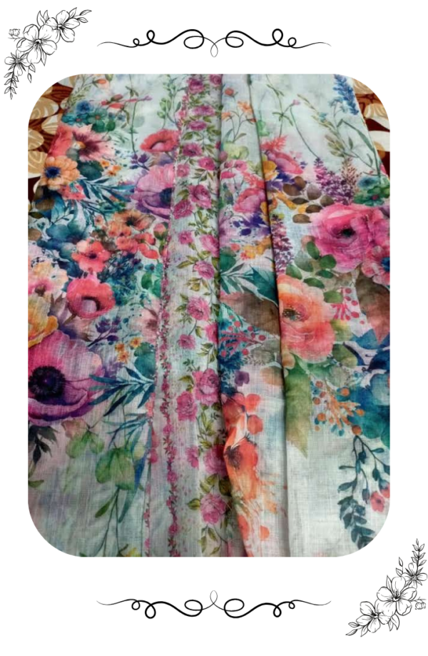 Close-up image of pink floral print on white linen cotton saree