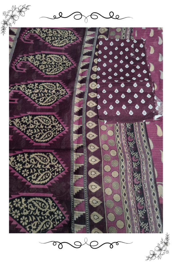 Inner side view of maroon cotton designer saree fabric