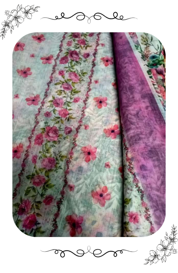 Inner view of the pink and white floral linen cotton saree fabric