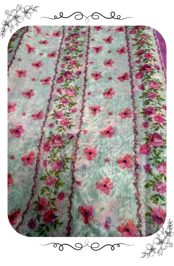 Blouse image of pink and white floral linen cotton saree
