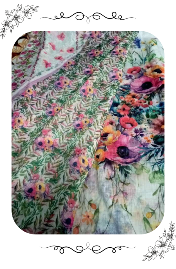 Close-up image of pink floral print on white linen cotton saree