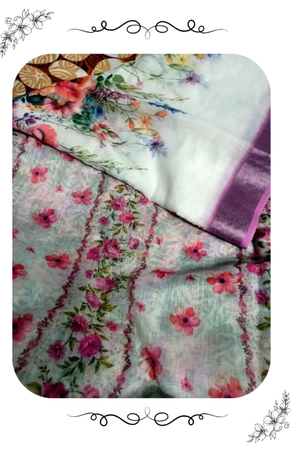 Close view of the border and pallu design of linen cotton floral saree